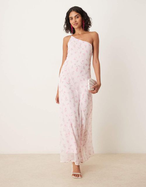 One shoulder maxi dress in pink ditsy floral