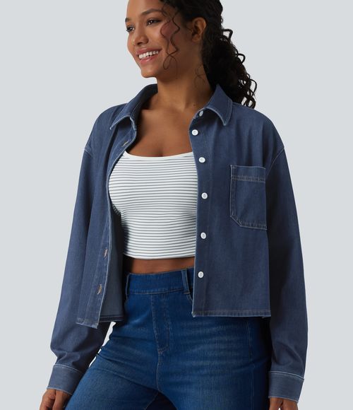 Flex™ Denim Collar Long Sleeve Casual Shirt with Pocket  - Pageant Blue Denim