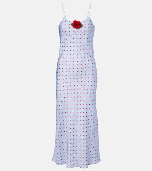 Floral-appliqué printed silk slip dress