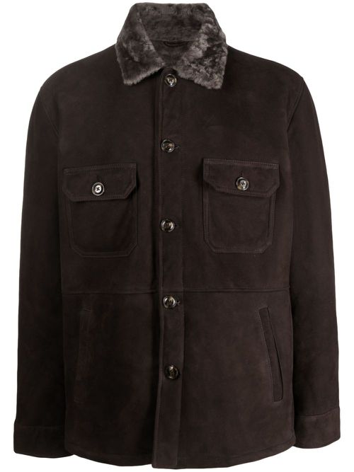 Shearling-collar suede shirt jacket - Brown