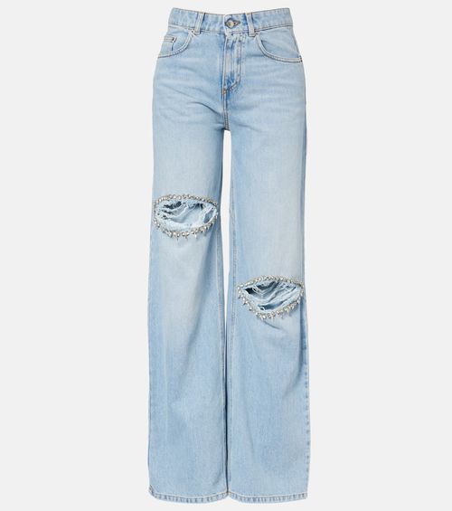Distressed embellished wide-leg jeans
