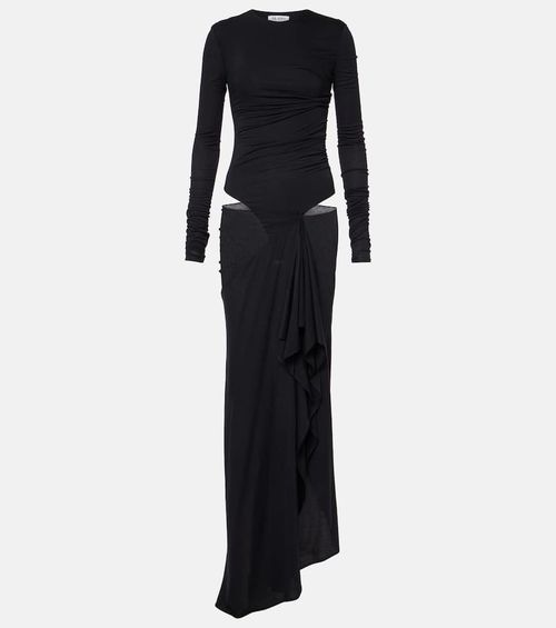 Draped cutout semi-sheer maxi dress