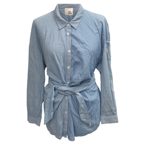 Striped Button-Down Tie-Waist Shirt in Blue Cotton