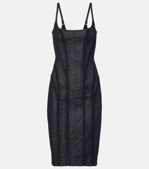 Mesh-trimmed denim midi dress