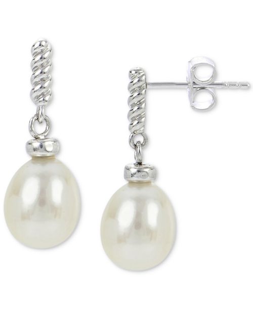 Cultured Freshwater Pearl (7 - 8mm) Twist Drop Earrings in Sterling Silver - Silver