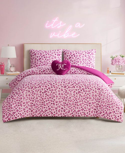 Plush Reversible Leopard Hearts 4-Pc. Comforter Set, King - Pink Leopard