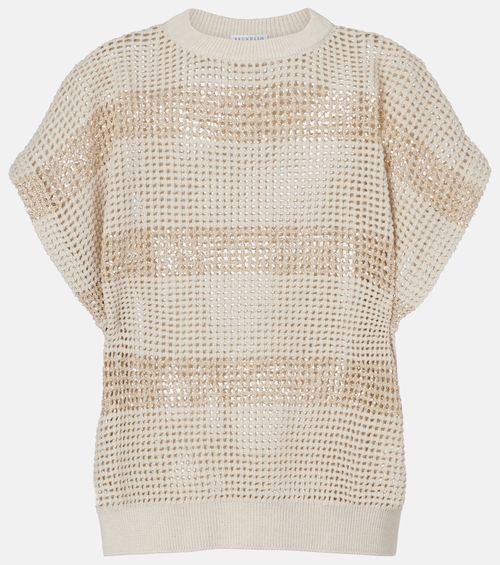 Open-knit sequined cotton sweater
