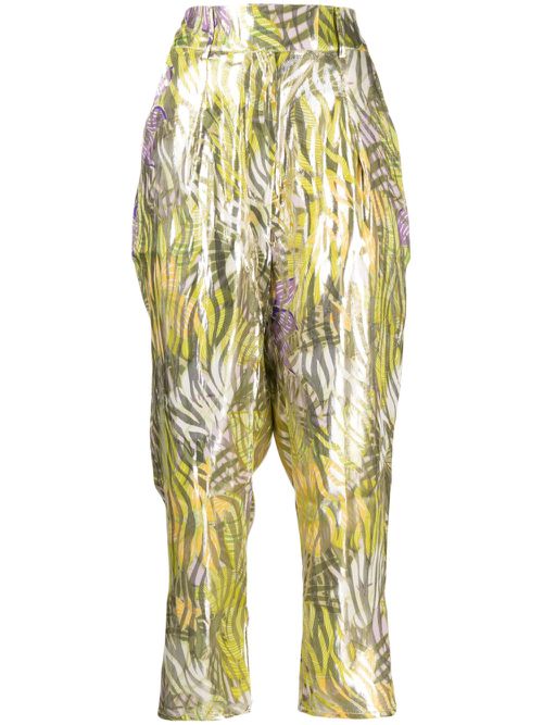 Metallic print cropped tapered trousers - Green