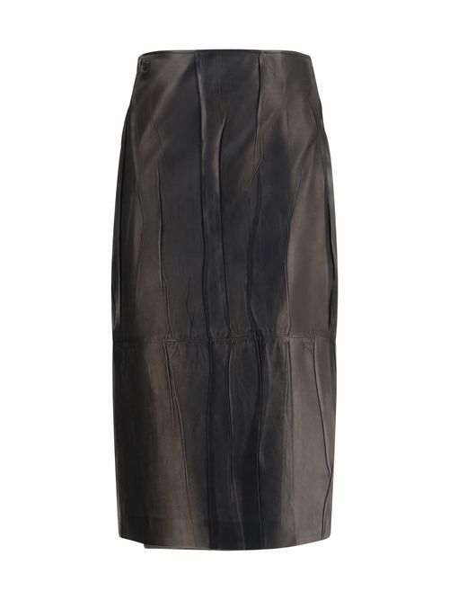 Crinkled Leather Midi Skirt — Black