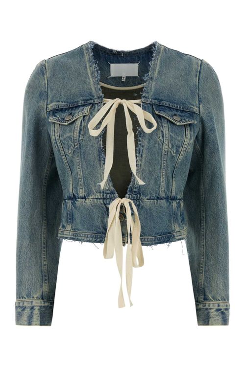 Ribbon-Tie Cropped Cotton Jacket — Blue
