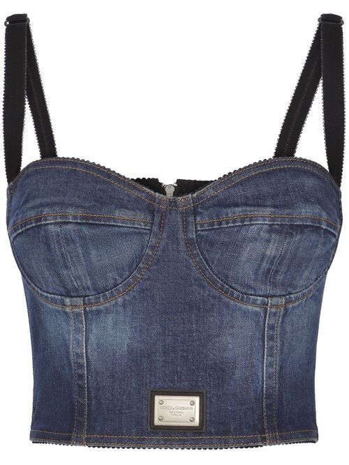 Logo-plaque denim crop top - Blue
