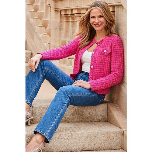 Sosandar Womens Bright Pink Premium Knit Embellished Button Cardigan - X-Sma