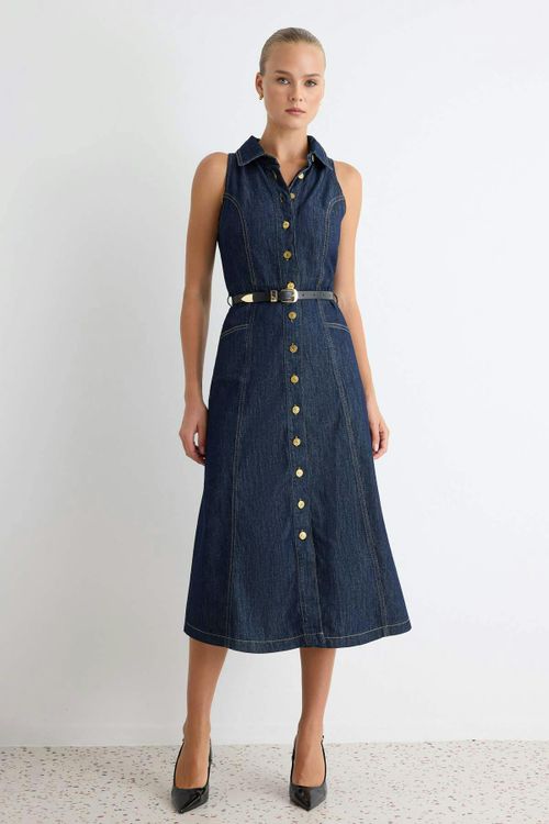 WOVCOR Halter Neck Sleeveless Midi Denim Dress - DARKBLUE