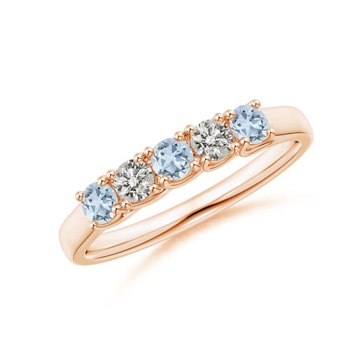Angara 0.24 Carat Half Eternity Five Stone Aquamarine and Diamond Wedding Ring in 18K Rose Gold