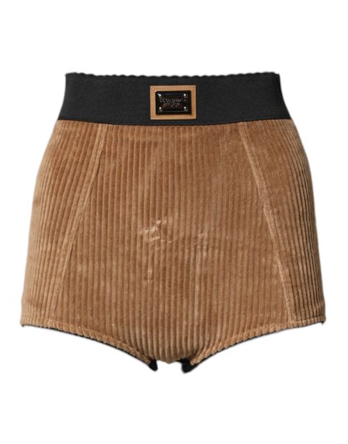 High-Waisted Ribbed Cotton Shorts — Brown