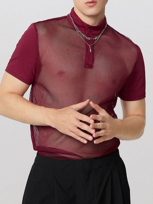 Mens Hollow-Out Mesh Patchwork Short Sleeve T-Shirt SKUL03639 - Red / S