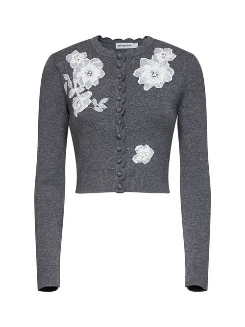 Floral Lace-Embroidered Wool Cardigan — Gray
