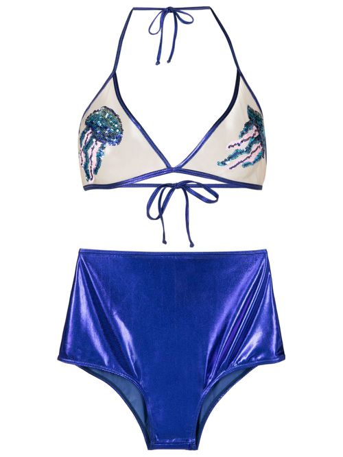 Sequin-embellished metallic bikini - Red