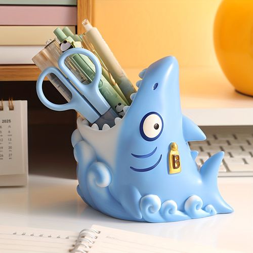 TEMU Cute Shark-shaped Desk Organizer With 2 Drawers & Open Shelf - Adorable Resin Pen Holder For Office, School, Or Home Decor - Perfect Birthday