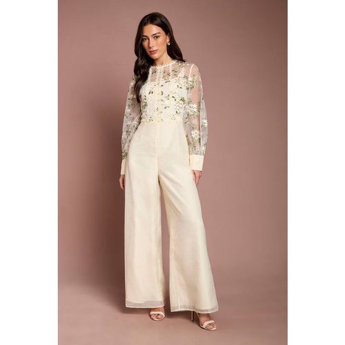 Coast Embroidered Floral Mesh Long Sleeve Jumpsuit In Ecru