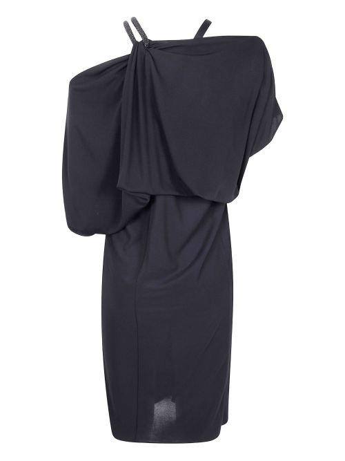 Draped One-Shoulder Batwing Dress — Black