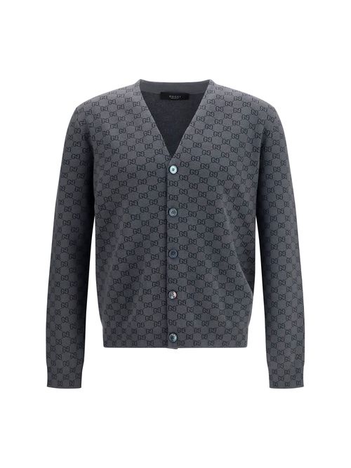 Logo-Embroidered Silk-Wool Cardigan — Gray