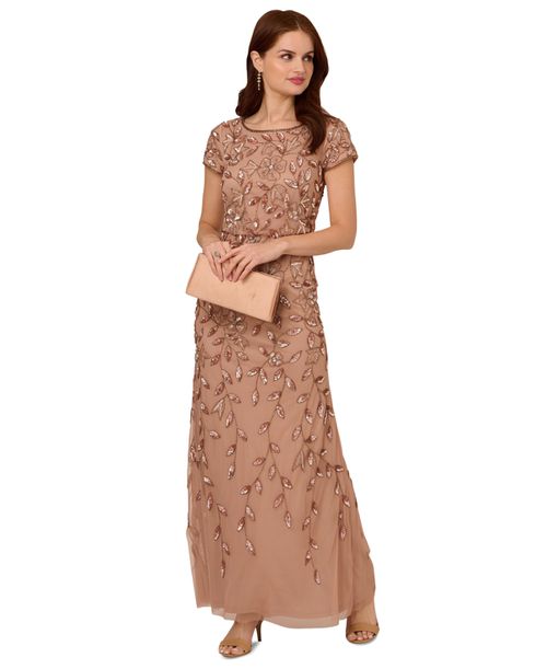 Women's Boat-Neck Blouson Beaded Gown - Rose Gold