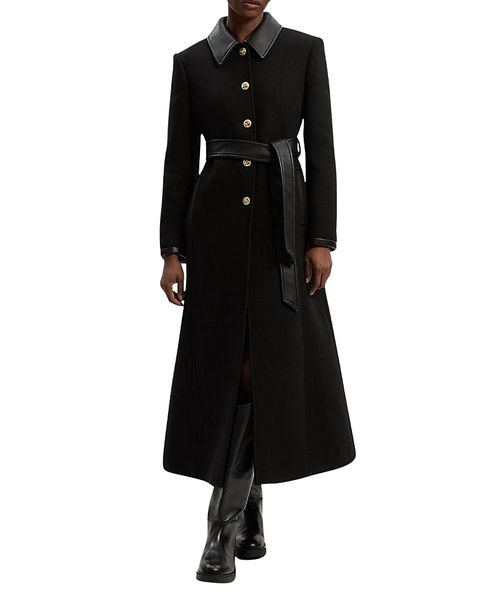 Wool Pu Mix Belted Tailored Maxi Coat