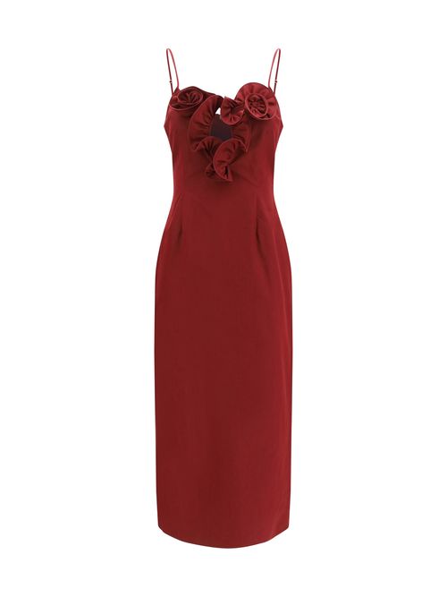 Sculptural Floral-Ruffle Detail Dress — Red