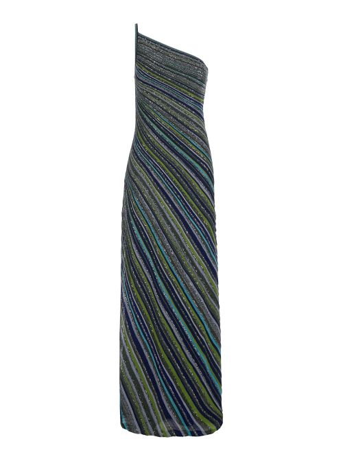 Sequined Striped One-Shoulder Dress — Blue