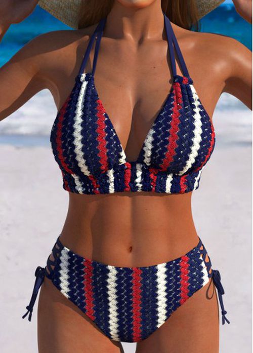 Modlily Mid Waisted Flag Print Multi Color Bikini Set