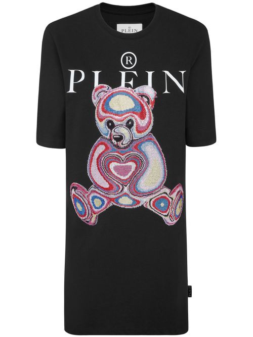 Teddy bear-embroidered cotton minidress - Black