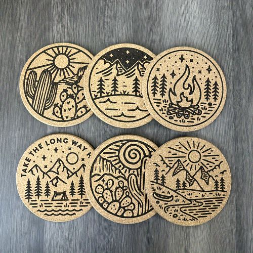 TEMU 6pcs Engraved Cork Coasters Set - Outdoor Themed Heat-resistant Table Pads For Mugs, Glasses, And Hot Drinks - Hand Washable, Ideal For