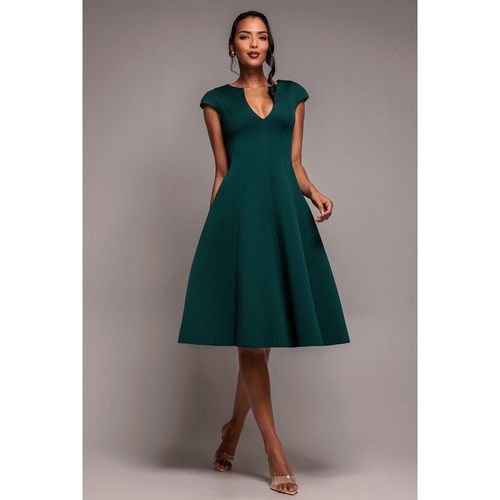 Goddiva Cap Sleeve Plunging V Neckline A Line Midi Dress - Emerald Green