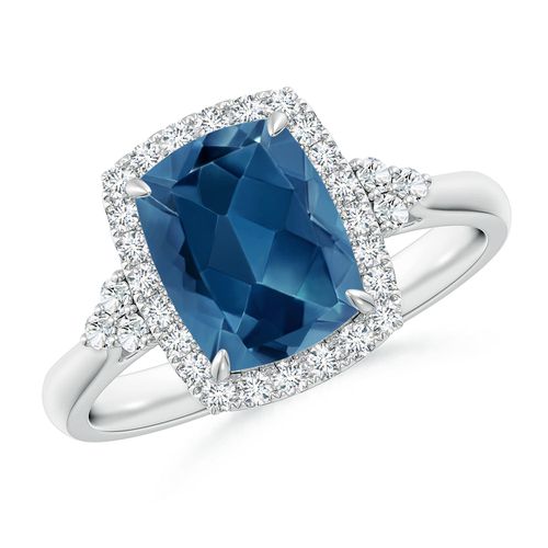 Angara 2.2 Carats Cushion London Blue Topaz Halo Ring with Trio Diamonds in Platinum