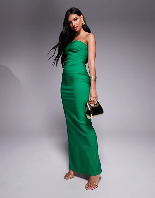 Bengaline draped waist bandeau maxi dress in emerald-Green
