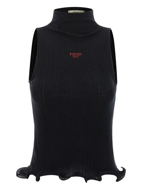 High Neck Fitted Sleeveless Top With Ruffles