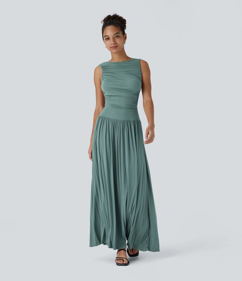 Ribbed Boat Neck Asymmetric Strap Ruched Pocket Flowy Maxi Casual Dress Casual Dress - Clear Green