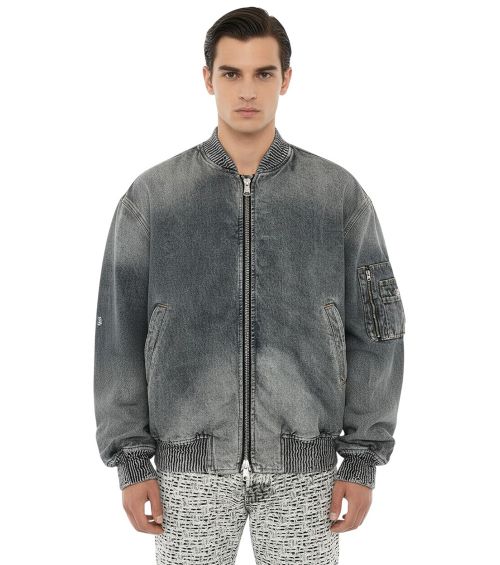 Blue Distressed Bomber Jacket