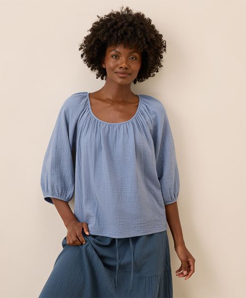 Women's Hydrangea Blue Coastal Double Gauze Scoop Neck Top