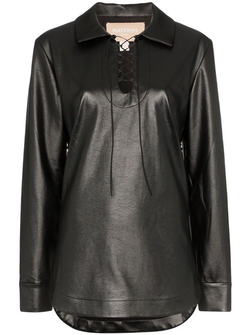 Faux leather lace-up top - Black