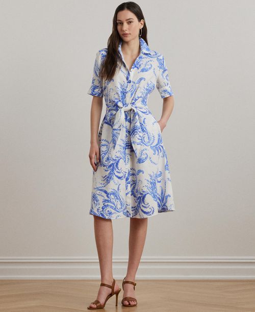 Women's Paisley Tie-Front Linen Shirtdress - White/Blue