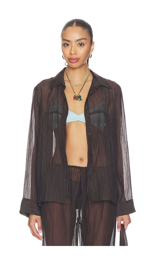 LNA Sylvee Sheer Button Up in Chocolate. S. Also in XS, M