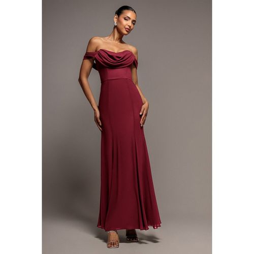 Goddiva Chiffon Bardot Cowl Neck Maxi Dress - Wine