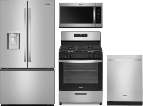 Whirlpool 4 Piece Kitchen Appliances Package with French Door Refrigerator, Gas Range, Dishwasher and Over the Range Microwave in Fingerprint Resistan
