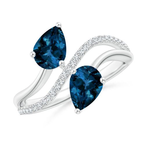 Angara 1.6 Carats Pear-Shaped London Blue Topaz Two-Stone Bypass Ring in Platinum