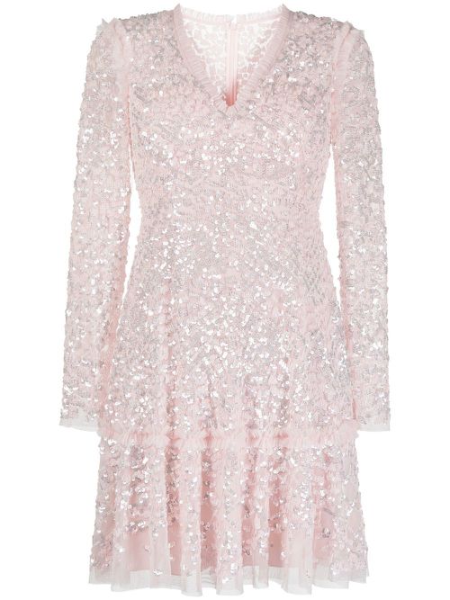Sequinned long-sleeve skater dress - Pink