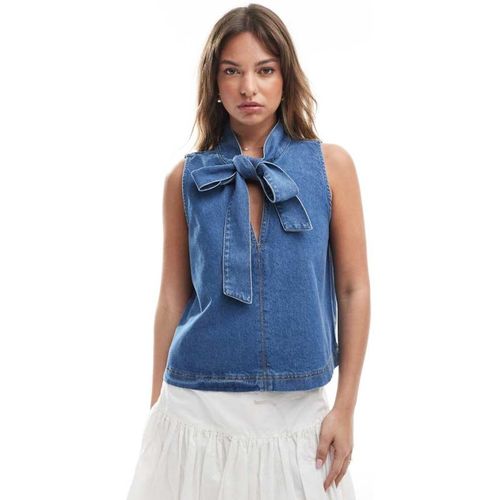 ASOS DESIGN Womens a-line denim top with bow tie neck - Sky Blue