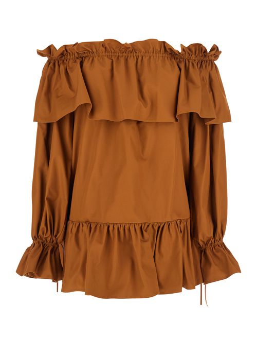 Brown Ruffle Dress With Bare Shoulders In Cotton Twill Woman