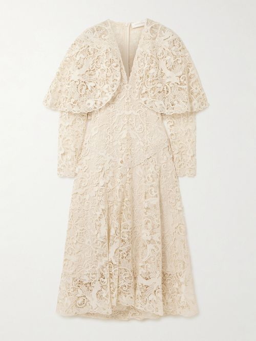Hypnotic Memento Bird Cape-effect Guipure Lace Midi Dress - Cream